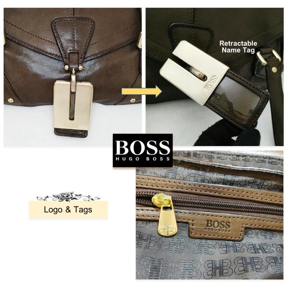 HUGO BOSS Dark Brown Genuine Leather Satchel Handbag Carry Flap Top Dual Handles - Picture 10 of 12